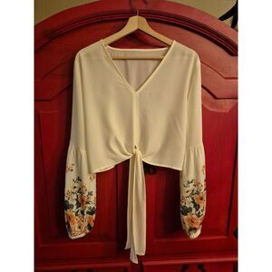 Loness Large Gorgeous Floral Bubble Sleeve Crop Tie Front Top Boho Cottage Core